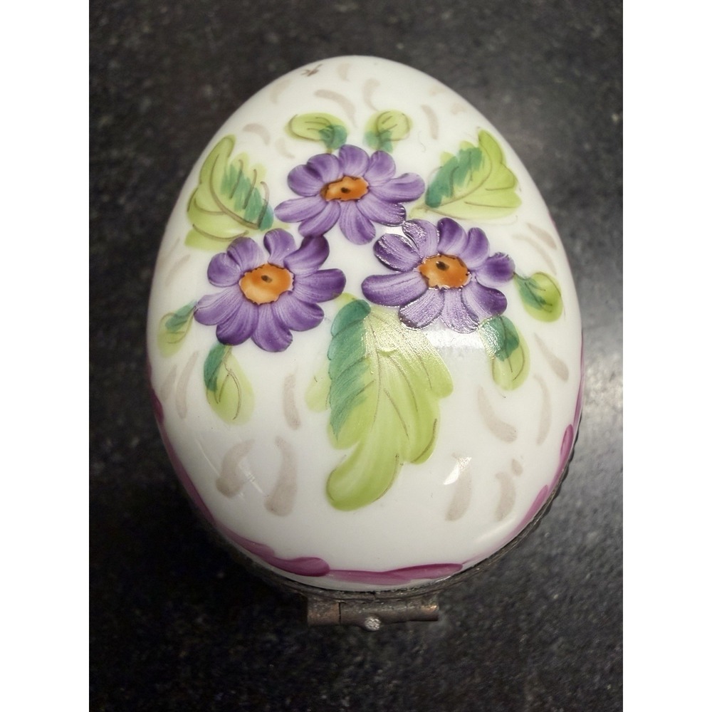 Rochard Limoges France Hand Painted Egg Trinket Box Purple Flowers‎ 3"